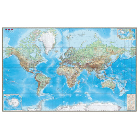Карта настенная Мир. Обзорная карта. Физическая с границами, М-1:15 млн., разм. 192х140 см, ламинированная, 293