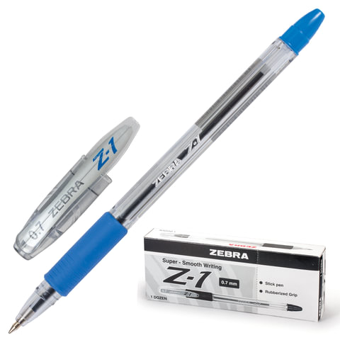 Ручка шариковая с грипом ZEBRA Z-1, СИНЯЯ, корпус прозрачный, узел 0,7 мм, линия письма 0,5 мм, BP074-BL