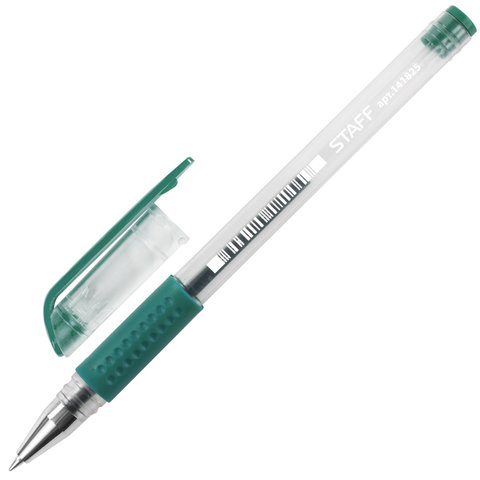 Ручка гелевая с грипом STAFF EVERYDAY, ЗЕЛЕНАЯ, корпус прозрачный, узел 0,5 мм, линия письма 0,35 мм, 141825