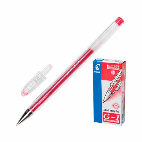 Ручка гелевая PILOT BL-G1-5T "Extra Fine G-1”, корпус прозрачный, толщина письма 0,3 мм, красная