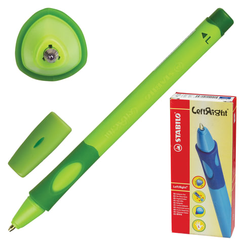 Ручка шариковая с грипом STABILO Left Right, СИНЯЯ, для левшей, корпус зеленый, узел 0,8 мм, линия письма 0,4 мм, 6318/2-10-41