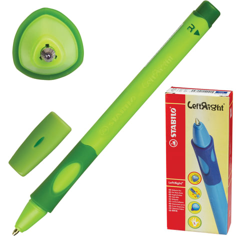 Ручка шариковая с грипом STABILO Left Right, СИНЯЯ, для правшей, корпус зеленый, узел 0,8 мм, линия письма 0,4 мм, 6328/2-10-41