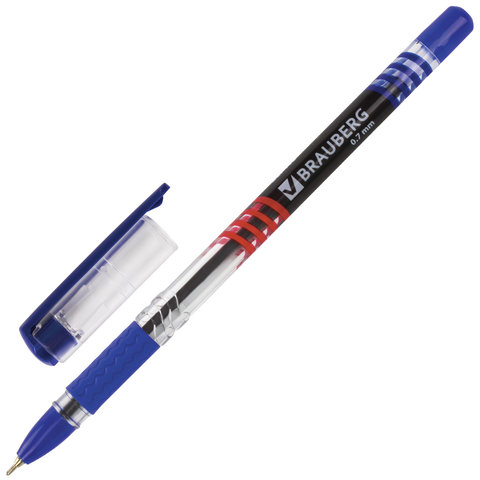 Ручка шариковая масляная с грипом BRAUBERG Spark, СИНЯЯ, печать, узел 0,7 мм, линия письма 0,35 мм, 142697