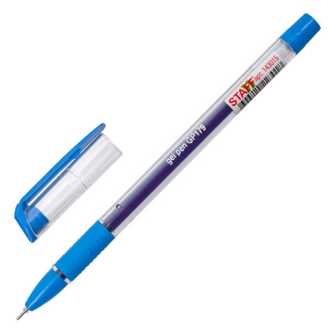 Ручка гелевая с грипом STAFF College, СИНЯЯ, корпус прозрачный, игольчатый узел 0,6 мм, линия письма 0,3 мм, 143015
