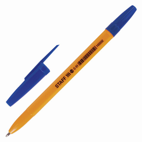 Ручка шариковая STAFF C-51, СИНЯЯ, корпус оранжевый, узел 1 мм, линия письма 0,5 мм, 143332