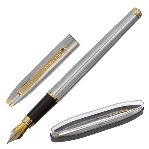 Ручка подарочная перьевая BRAUBERG Brioso, СИНЯЯ, корпус серебристый с золотистыми деталями, 143464