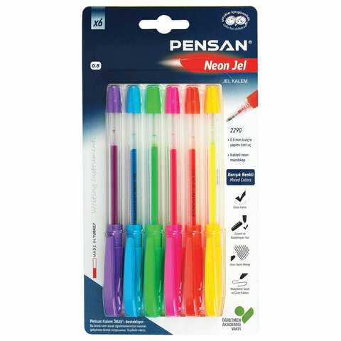 Ручки гелевые PENSAN Neon Gel, НАБОР 6 ЦВЕТОВ, узел 1 мм, линия письма 0,5 мм, 2290/B6