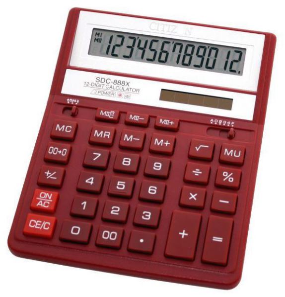 Калькулятор настольный Citizen SDC-888XRD, 12 разрядов, двойное питание, 158*203*31мм, красный