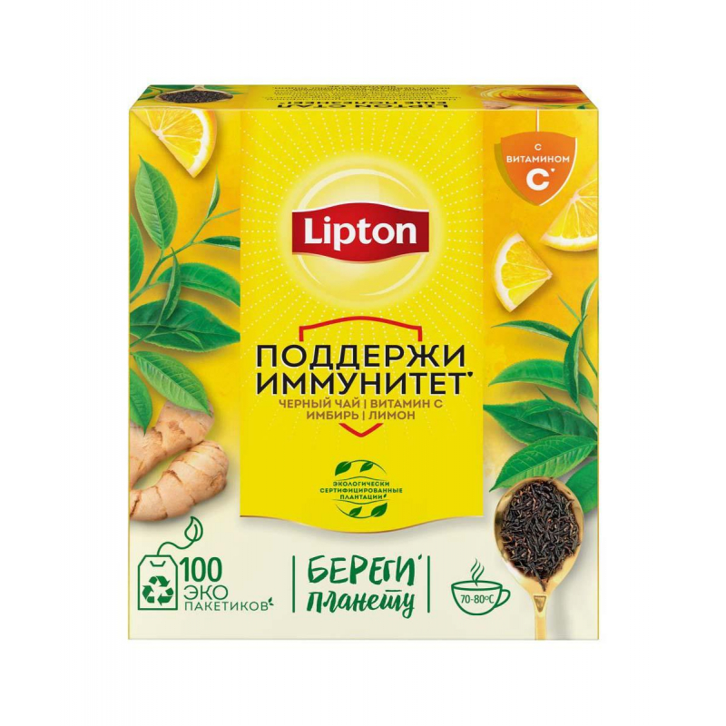 Чай Lipton черный с имбирем и ароматом лимона, 100шт/уп