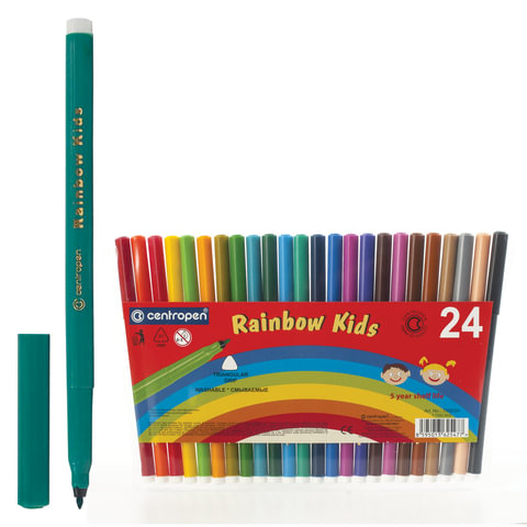 Фломастеры 24 ЦВЕТА CENTROPEN Rainbow Kids, круглые, смываемые, вентилируемый колпачок, 7550/24ET, 7 7550 2402