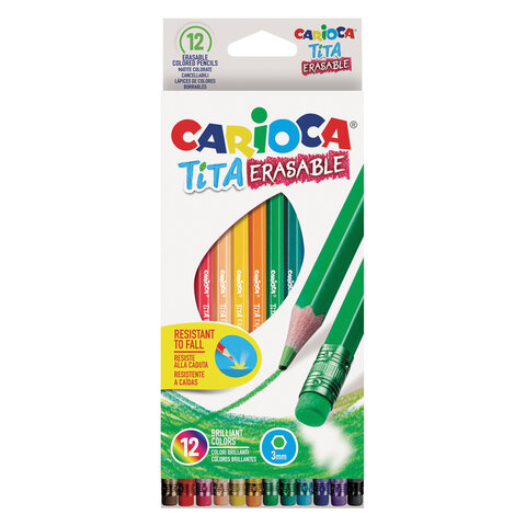 Карандаши цветные стираемые с резинкой CARIOCA Erasable, 12 цветов, пластик, шестигранные, заточенные, 42897