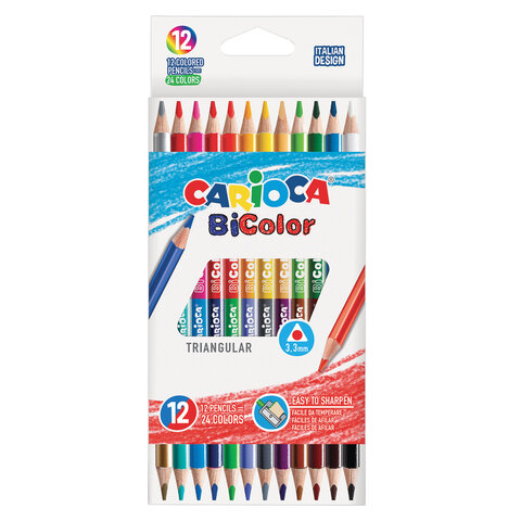 Карандаши двусторонние CARIOCA Bi-color, 12 штук, 24 цвета, трехранные, заточенные, 42991