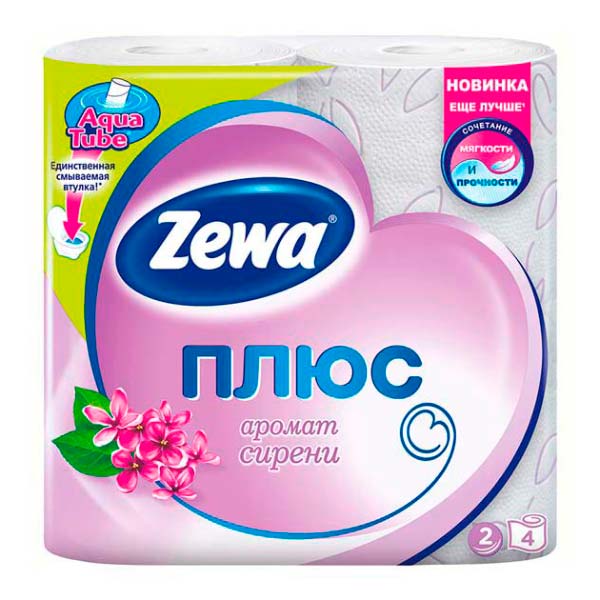 Бумага туалетная Zewa Плюс, 2-слойная, 4шт., тиснение, розовая, сирень