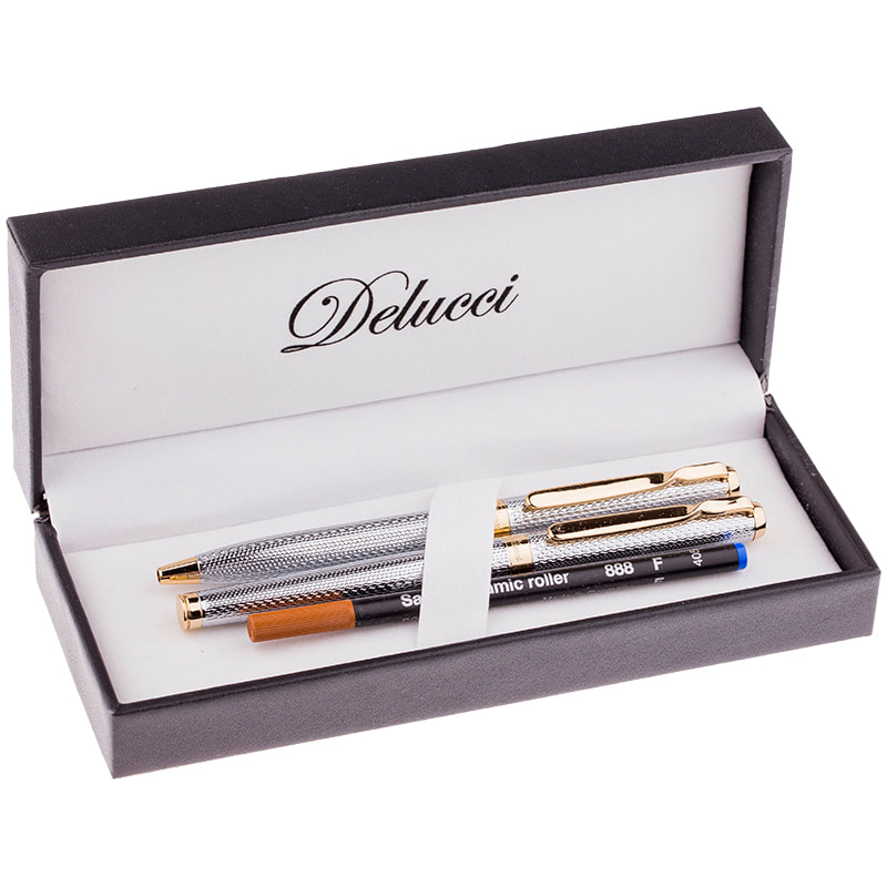 Набор Delucci Celeste: ручка шарик. 1мм и ручка-роллер, 0,6мм, синие, корпус сер./зол.,подар.уп.