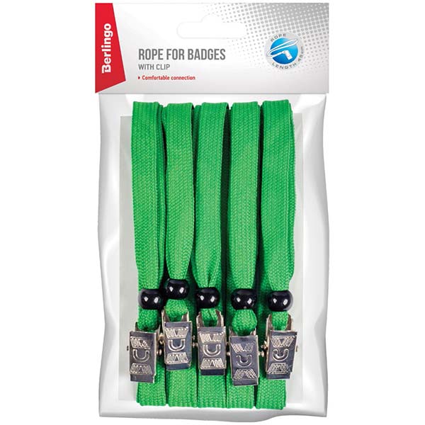 Набор шнурков для бейджей Berlingo, 45см, с клипсой, зеленые, 5шт.