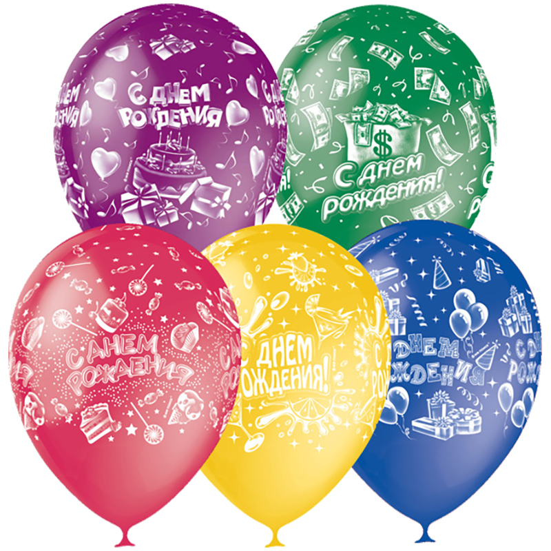 Воздушные шары,  25шт., M12/30см, ПатиБум С Днем Рождения, пастель+декор, растровый рисунок