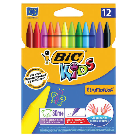 Мелки пластиковые BIC Plastidecor, 12 цветов, ультрапрочные, круглые, картонная упаковка, подвес, 945764