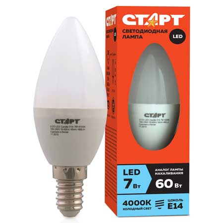 Лампа светодиодная Старт LED, серия ЭКО 7W40, тип С свеча, E14, 4000К, холодный свет, 15000ч