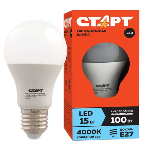 Лампа светодиодная Старт LED, серия ЭКО 15W40, тип А груша E27, 4000К, холодный свет, 15000ч