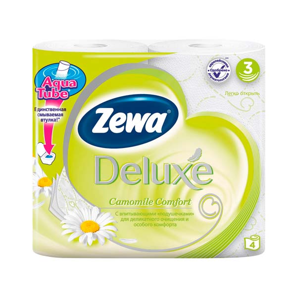 Бумага туалетная Zewa Deluxe 3-слойная, 4шт., тиснение, белая, ромашка