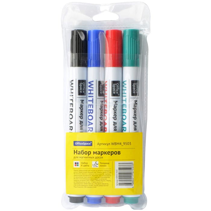 Набор маркеров для белых досок OfficeSpace 4 цвета, 2.5 мм