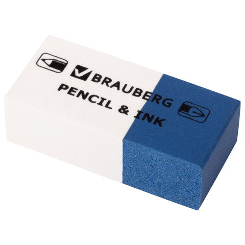 Ластик BRAUBERG PENCIL  INK, 39х18х12 мм, для ручки и карандаша, бело-синий, 229578
