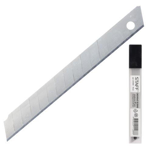Лезвия для ножей 9 мм КОМПЛЕКТ 10 ШТ., толщина лезвия 0,38 мм, в пластиковом пенале, STAFF Basic, 235465