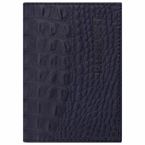 Обложка для паспорта натуральная кожа кайман, PASSPORT, темно-синяя, BRAUBERG, 237196