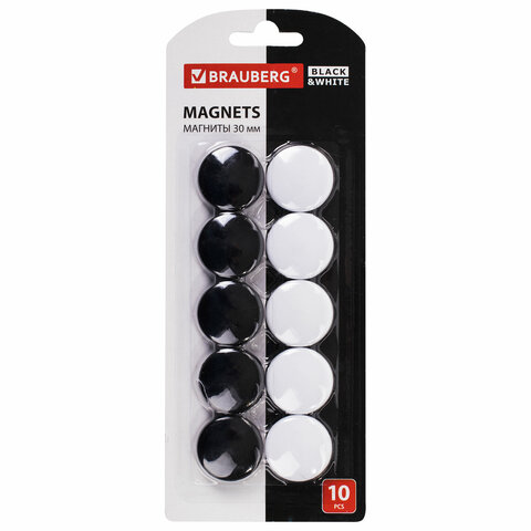 Магниты BRAUBERG BLACKWHITE УСИЛЕННЫЕ 30 мм, НАБОР 10 шт., черные/белые, 237468