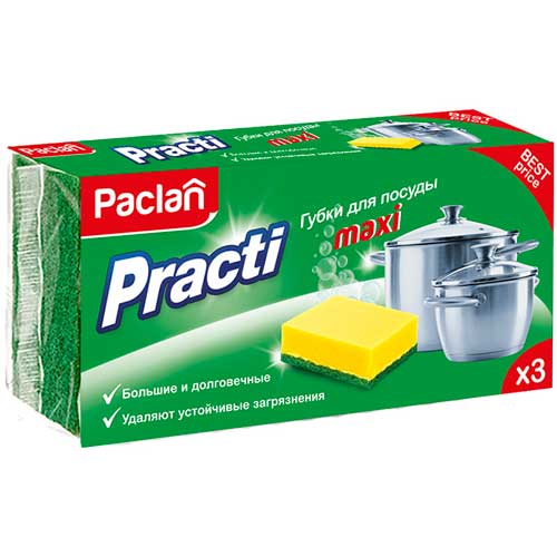 Губки для посуды Paclan Practi Maxi, поролон с абразивным слоем, 3шт.