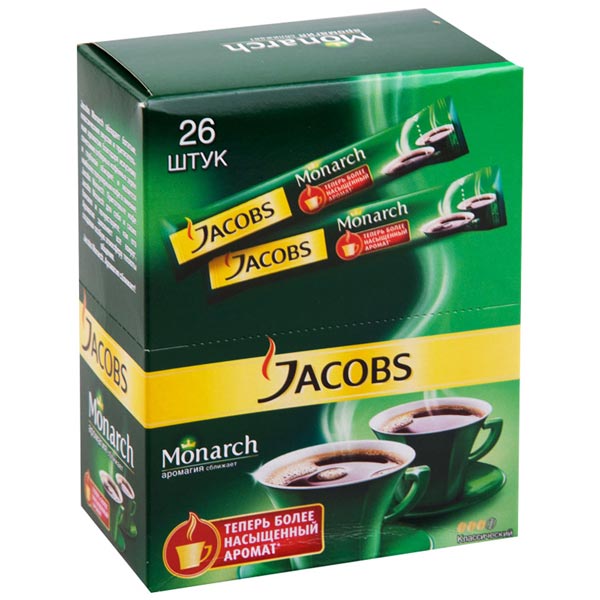Кофе растворимый Jacobs Monarch, гранулированный, порционный, шоубокс, 26 пакетиков*1,8г, картон