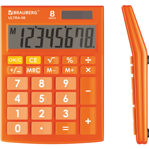 Калькулятор настольный BRAUBERG ULTRA-08-RG, КОМПАКТНЫЙ (154x115 мм), 8 разрядов, двойное питание, ОРАНЖЕВЫЙ, 250511