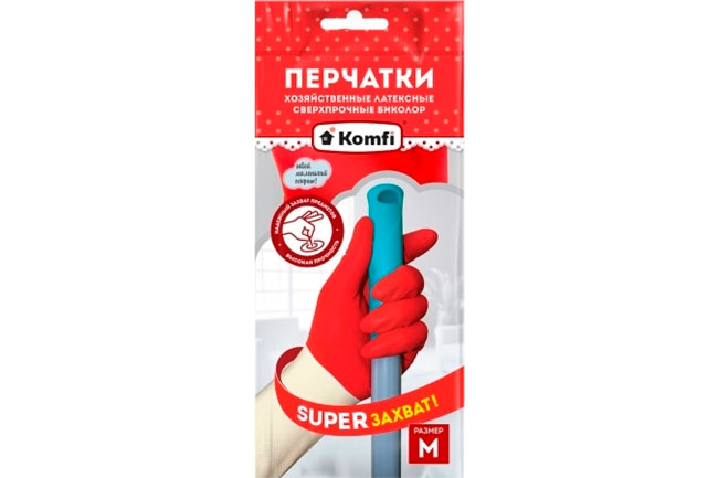 Перчатки латексные Komfi БИКОЛОР, M СВЕРХПРОЧНЫЕ, белый + красный, 2 шт/уп.