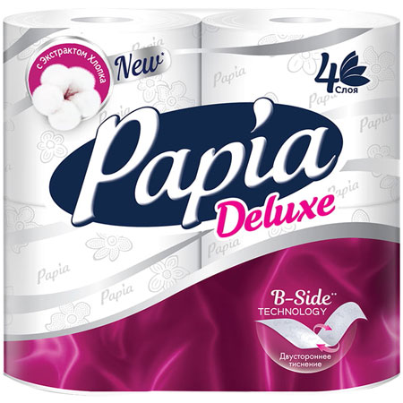 Бумага туалетная Papia Deluxe, 4-слойная, 4шт., тиснение, белая
