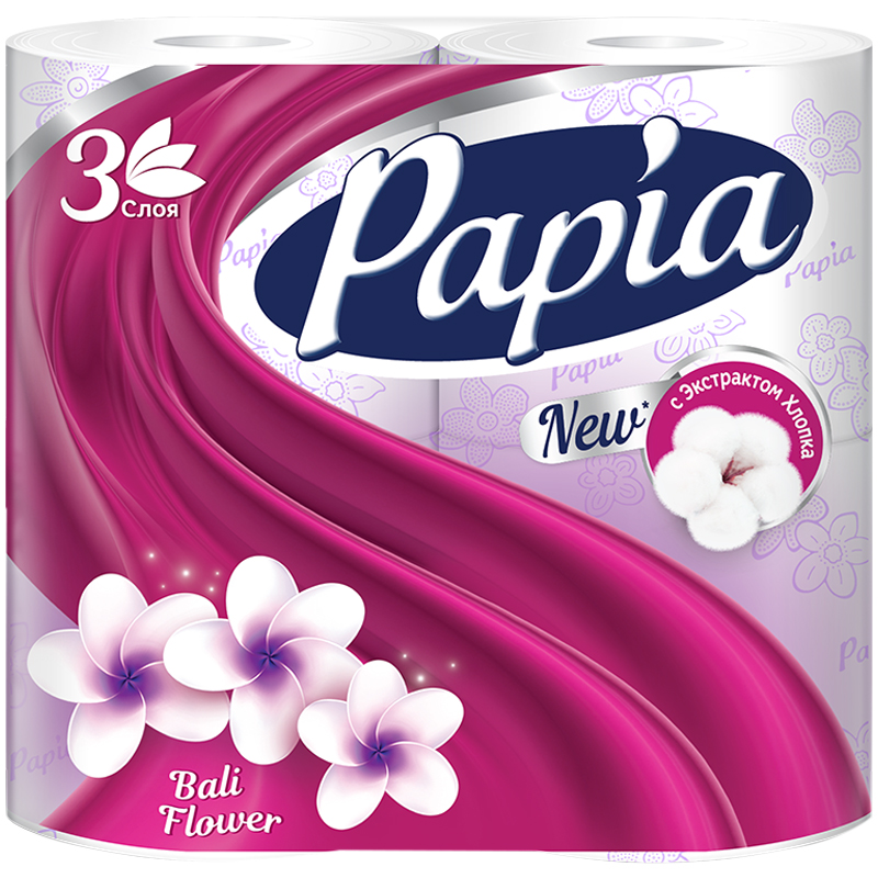 Бумага туалетная Papia Балийский Цветок, 3-слойная, 4шт., ароматизир., тиснение, белая