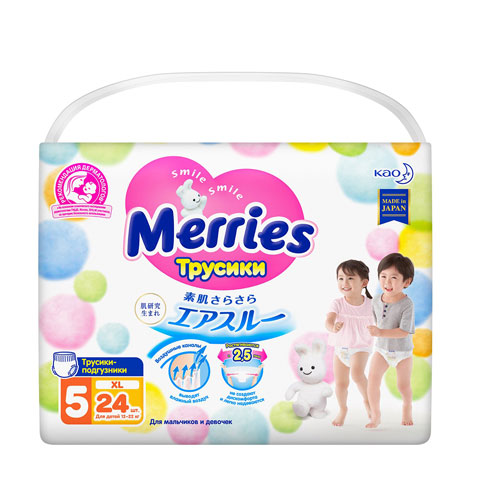Подгузники-трусики Merries детские, размер XL, 12-22 кг, 24 шт