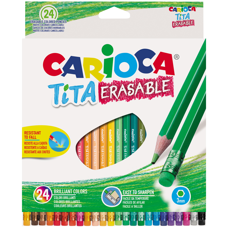 Карандаши цветные пластиковые стираемые Carioca Tita Erasable, 24цв., заточен., картон, европодвес