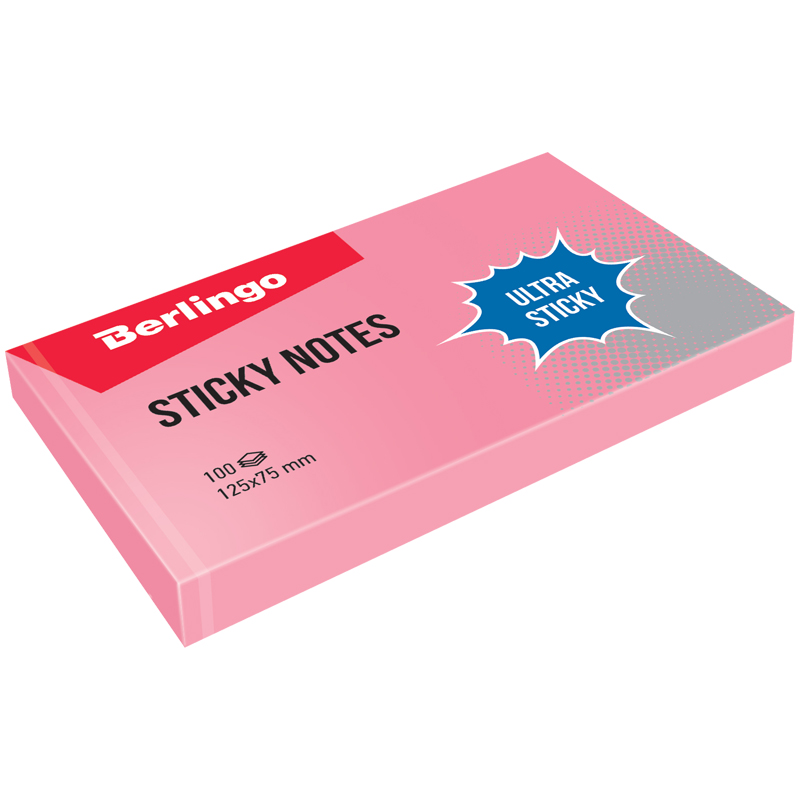 Самоклеящийся блок Berlingo Ultra Sticky, 125*75мм, 100л, пастель, розовый