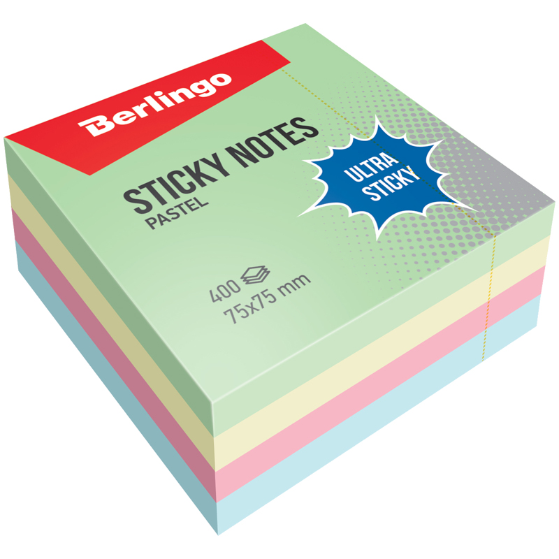 Самоклеящийся блок Berlingo Ultra Sticky, 75*75мм, 400л, 4 пастельных цвета