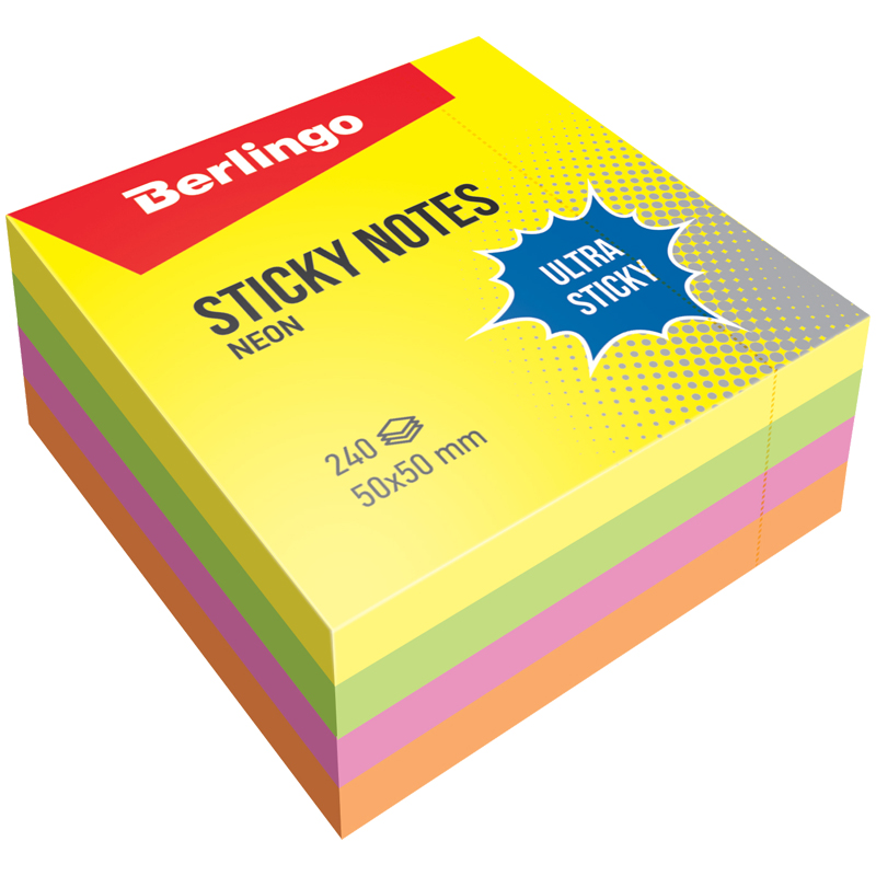 Самоклеящийся блок Berlingo Ultra Sticky, 50*50мм, 240л, 4 неоновых цвета