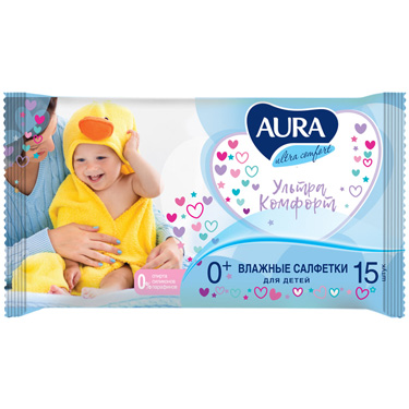 Салфетки влажные Aura Ultra comfort, 15шт., детские, универсал. очищающие, без спирта