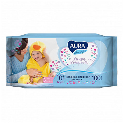 Салфетки влажные Aura Ultra comfort, 100шт., детские, универсал. очищающие,без спирта