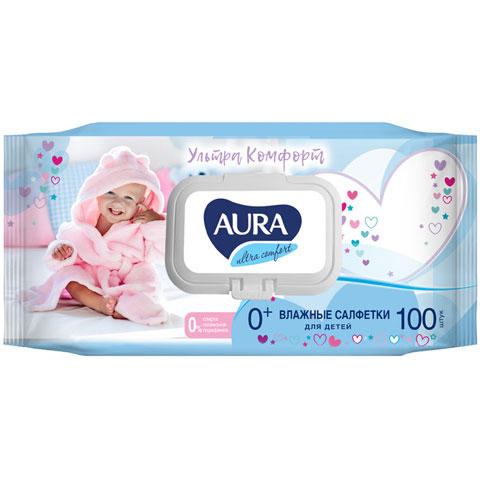 Салфетки влажные Aura Ultra comfort, 100шт., детские, с алоэ, очищающие, без спирта, клапан