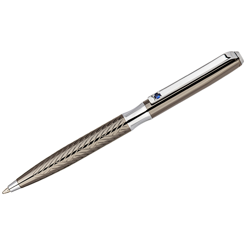 Ручка шариковая Delucci Taglia синяя 1,0мм, корпус оружейный металл/серебро, с кристалл, подарочная упаковка