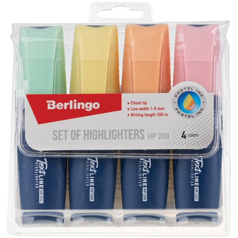 Набор текстовыделителей Berlingo Textline HP200, 4цв., пастельные цвета, 1-5мм, европодвес