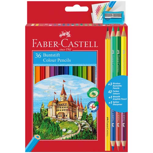 Карандаши цветные Faber-Castell Замок, 36цв., шестигр., заточ.+6цв.+ч/г кар.+точилка, картон, европодвес