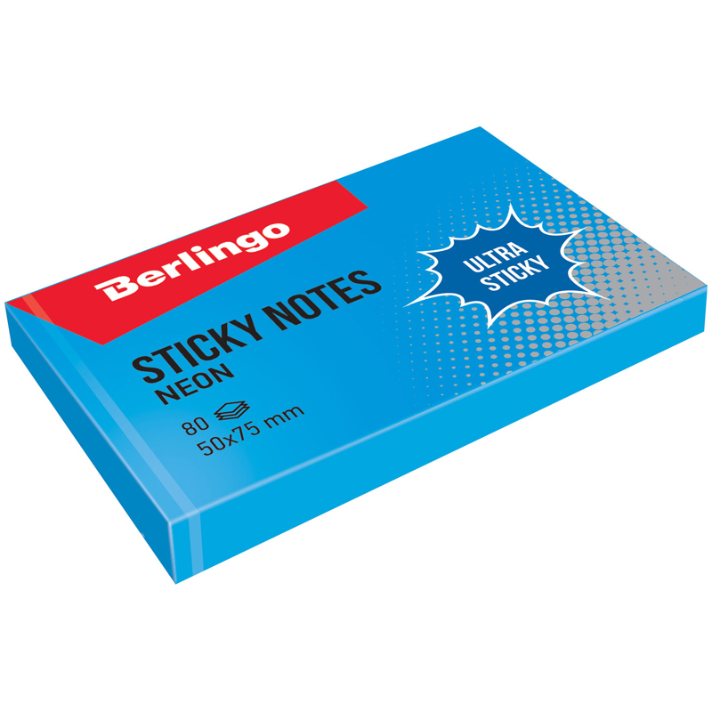 Самоклеящийся блок Berlingo Ultra Sticky, 50*75мм, 80л, синий неон