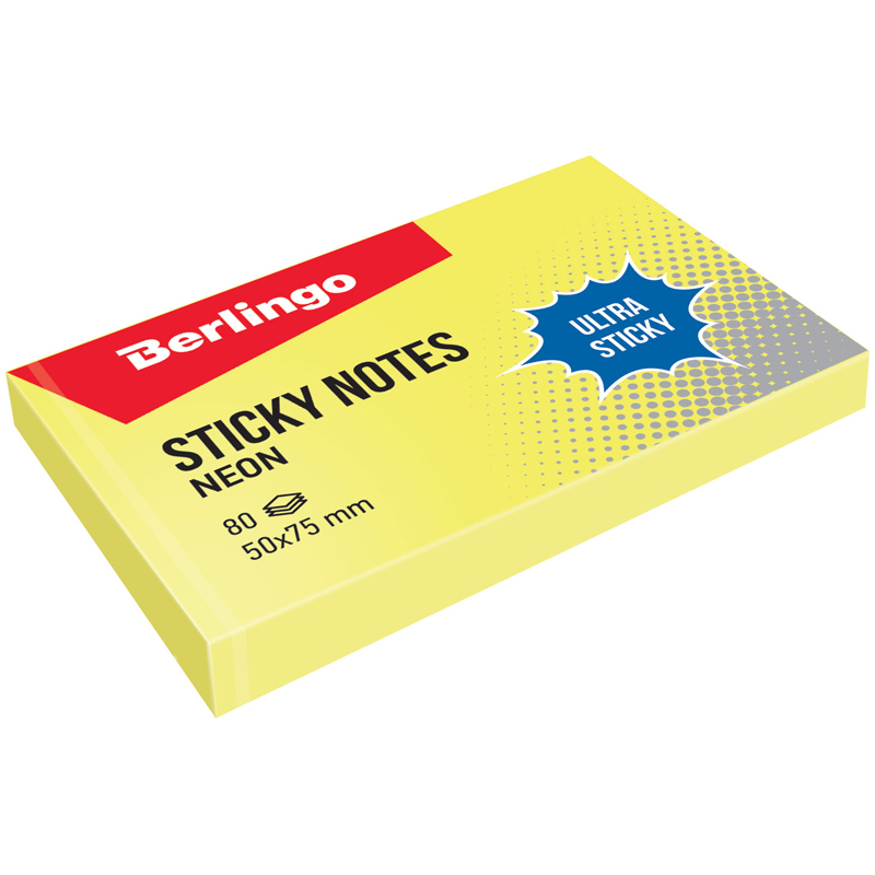 Самоклеящийся блок Berlingo Ultra Sticky, 50*75мм, 80л, желтый неон