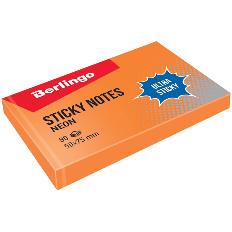 Самоклеящийся блок Berlingo Ultra Sticky, 50*75мм, 80л, оранжевый неон