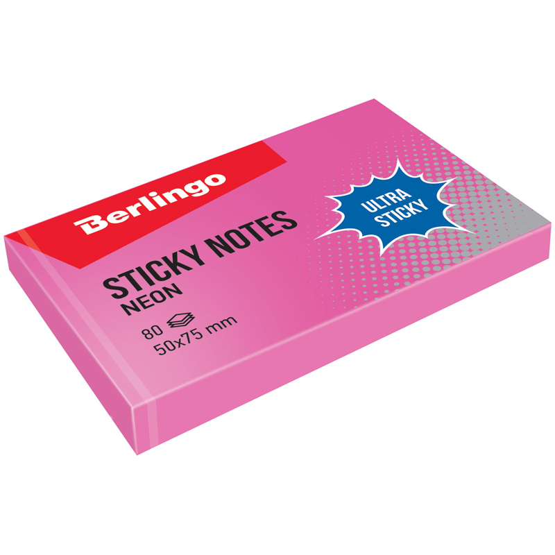 Самоклеящийся блок Berlingo Ultra Sticky, 50*75мм, 80л, розовый неон